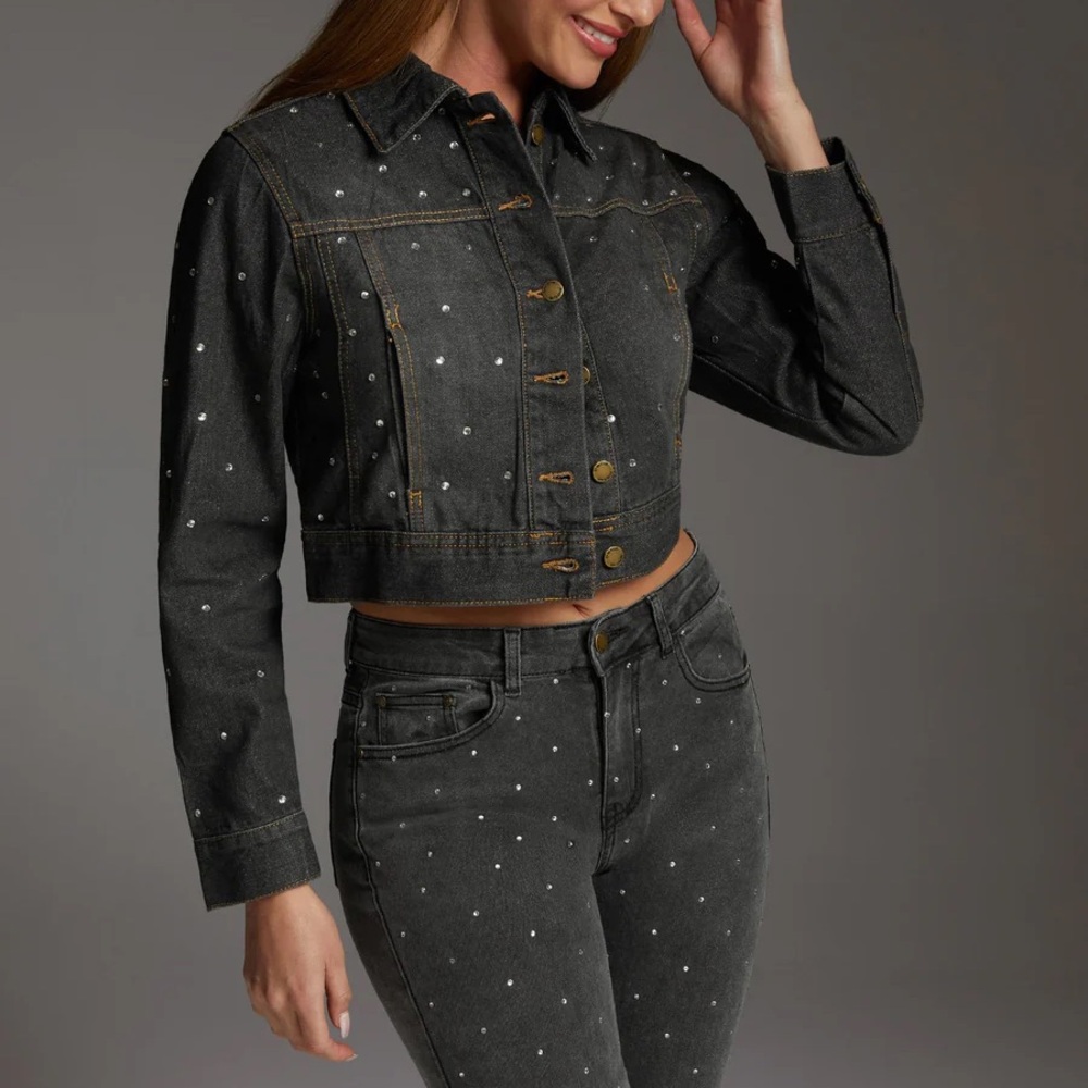 NWT Bebe Denim Jacket with Rhinestones Sparkling Details
